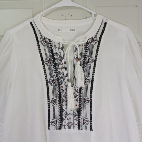 Sfera Blouse Casual Embroidered Boho Womens Tassel Tie Front & Buttoned Cuffs L - Picture 4 of 10